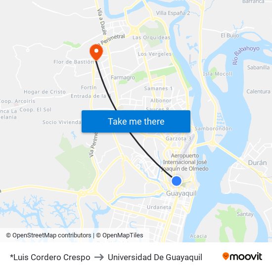 *Luis Cordero Crespo to Universidad De Guayaquil map