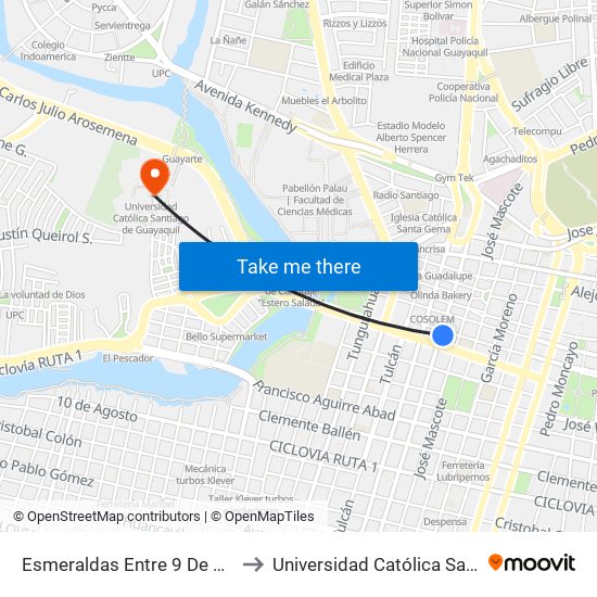 Esmeraldas Entre 9 De Octubre Y 1 De Mayo to Universidad Católica Santiago De Guayaquil map