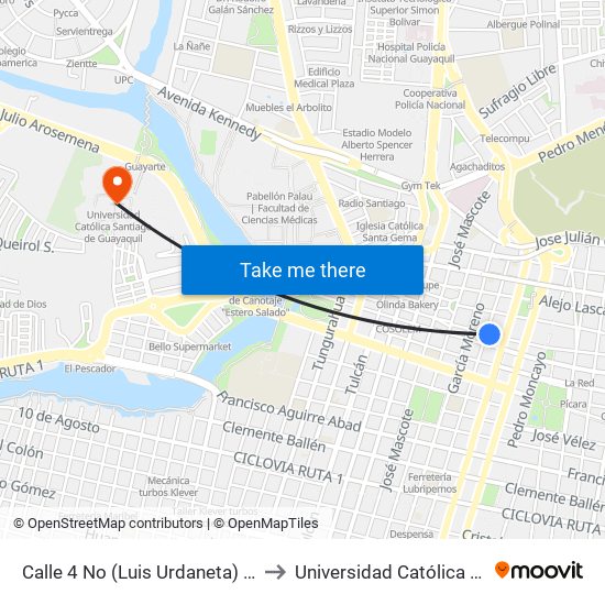 Calle 4 No (Luis Urdaneta) Y  Avenida 2 No (Antepara) to Universidad Católica Santiago De Guayaquil map