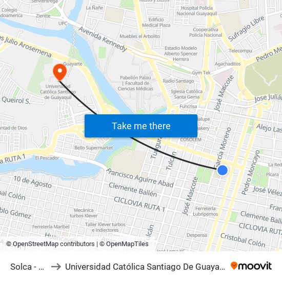 Solca - 10 to Universidad Católica Santiago De Guayaquil map
