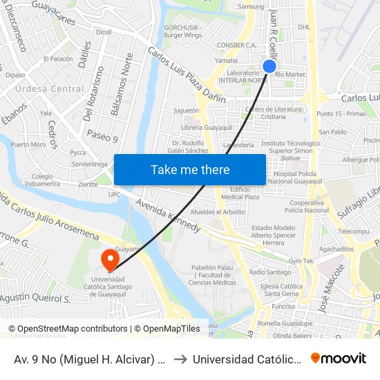 Av. 9 No (Miguel H. Alcivar) Y Calle 12a No (Andrade Coello) to Universidad Católica Santiago De Guayaquil map