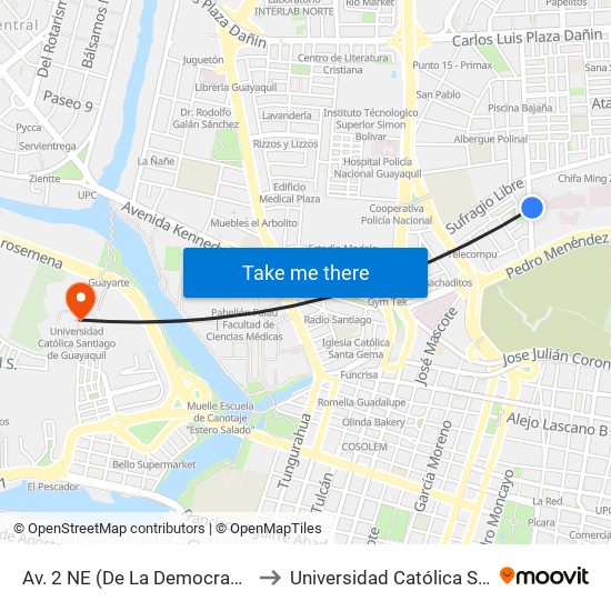 Av. 2 NE (De La Democracia) Y 1er Callejon 10 NE to Universidad Católica Santiago De Guayaquil map