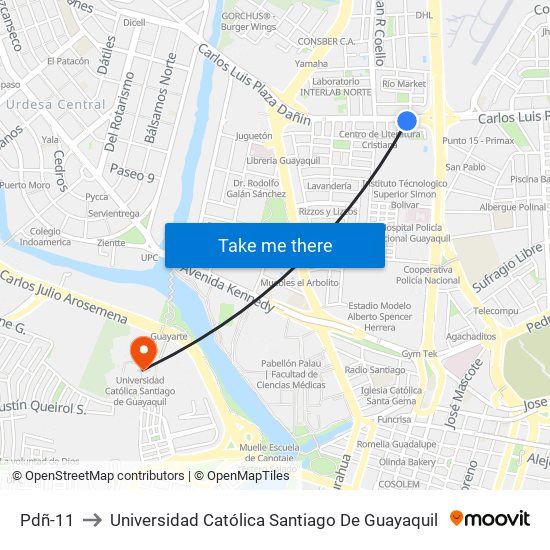 Pdñ-11 to Universidad Católica Santiago De Guayaquil map