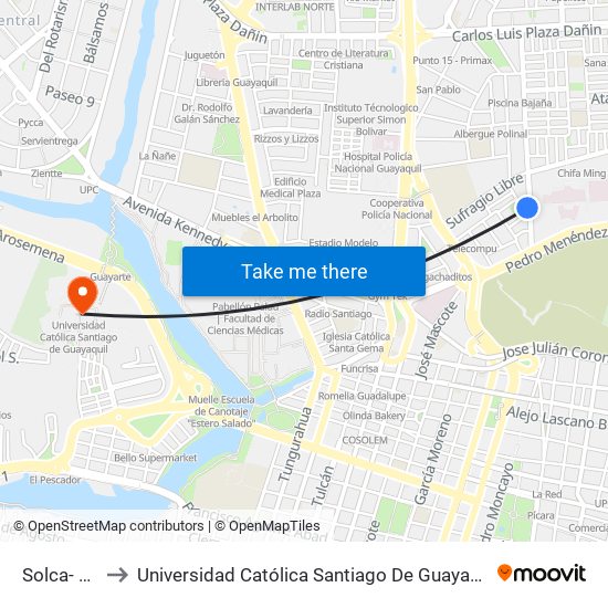 Solca- 04 to Universidad Católica Santiago De Guayaquil map