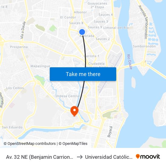 Av. 32 NE (Benjamin Carrion) Y 4to Retorno 18 NE (Rio Jibaro) to Universidad Católica Santiago De Guayaquil map