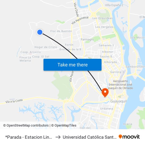 *Parada - Estacion Linea 132 (Llegada) to Universidad Católica Santiago De Guayaquil map