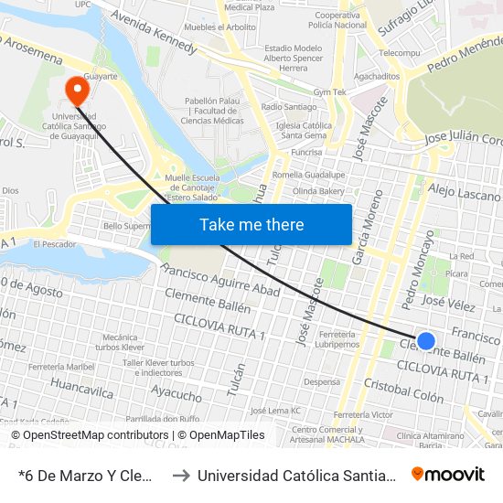 *6 De Marzo Y Clemente Ballén to Universidad Católica Santiago De Guayaquil map