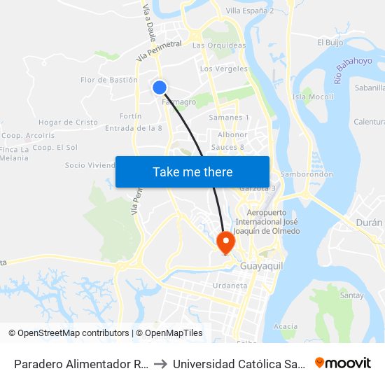 Paradero Alimentador Ruta Flor De Bastión to Universidad Católica Santiago De Guayaquil map