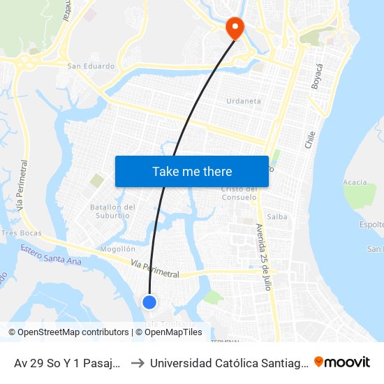 Av 29 So Y 1 Pasaje 51 (S422) to Universidad Católica Santiago De Guayaquil map