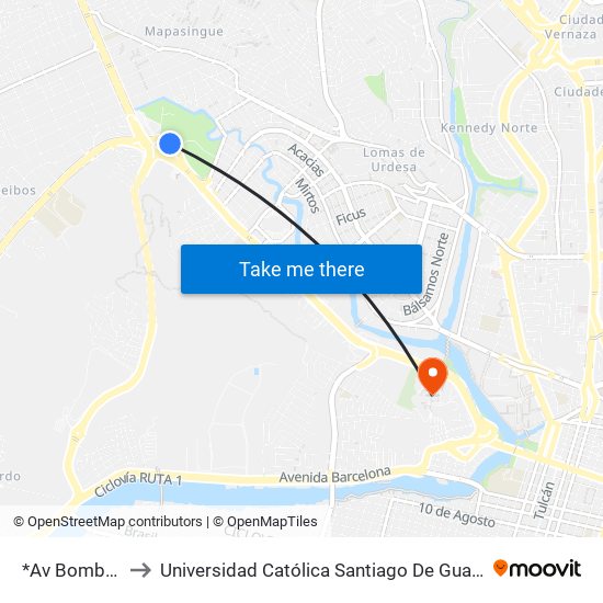 *Av Bombero to Universidad Católica Santiago De Guayaquil map