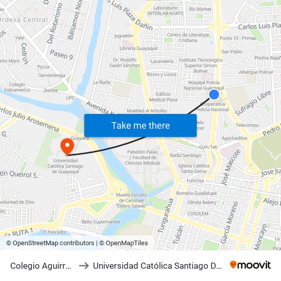 Colegio Aguirre Abad to Universidad Católica Santiago De Guayaquil map