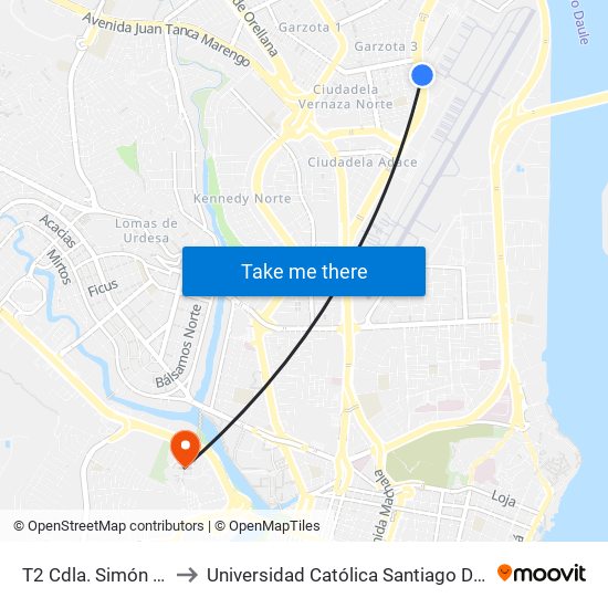 T2 Cdla. Simón Bolívar to Universidad Católica Santiago De Guayaquil map