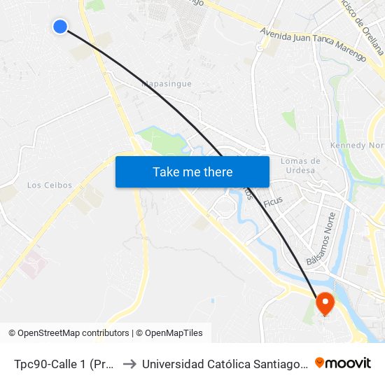 Tpc90-Calle 1 (Prosperina) to Universidad Católica Santiago De Guayaquil map