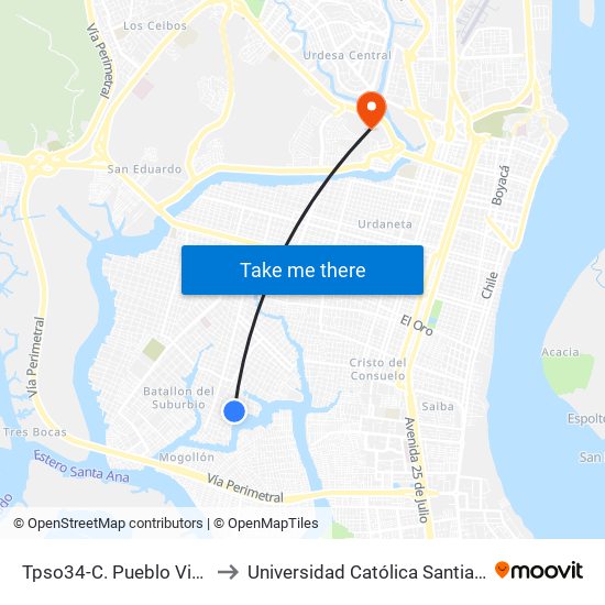 Tpso34-C. Pueblo Viejo - C. Balzar to Universidad Católica Santiago De Guayaquil map