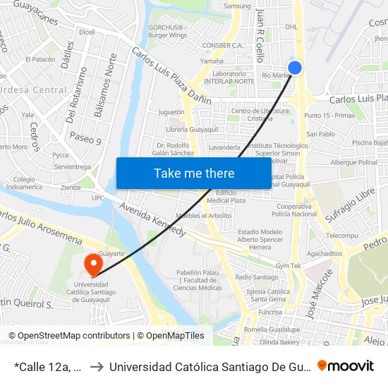 *Calle 12a, 301 to Universidad Católica Santiago De Guayaquil map