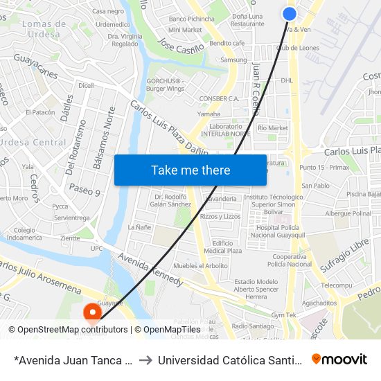 *Avenida Juan Tanca Marengo, 107 to Universidad Católica Santiago De Guayaquil map