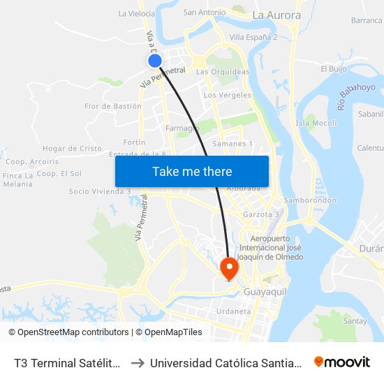 T3 Terminal Satélite Pascuales to Universidad Católica Santiago De Guayaquil map