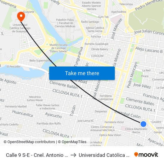 Calle 9 S-E - Cnel. Antonio De Alcedo Y Herrera, 121 to Universidad Católica Santiago De Guayaquil map