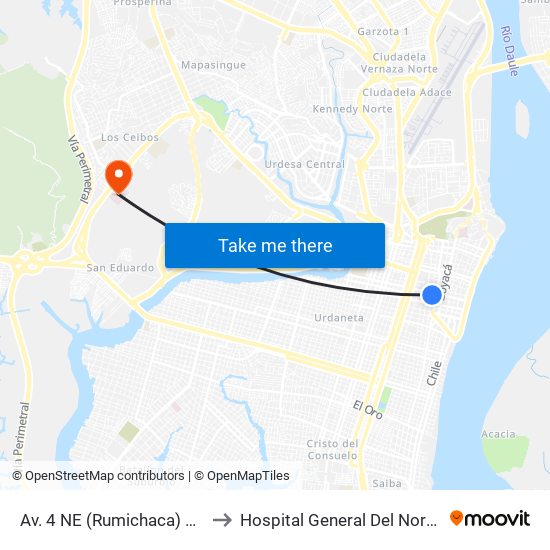 Av. 4 NE (Rumichaca)  Y Calle 5 Se  (Clemente Ballen) to Hospital General Del Norte De Guayaquil Iess Los Ceibos map