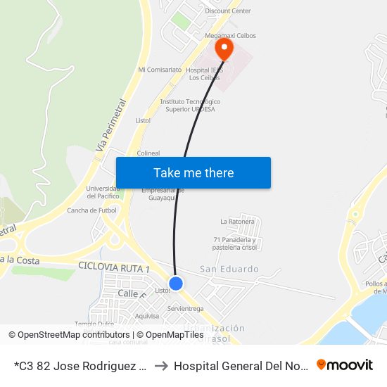 *C3 82 Jose Rodriguez Bonin (Consulado General Eeuu) to Hospital General Del Norte De Guayaquil Iess Los Ceibos map