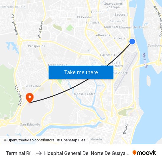 Terminal Río Daule to Hospital General Del Norte De Guayaquil Iess Los Ceibos map