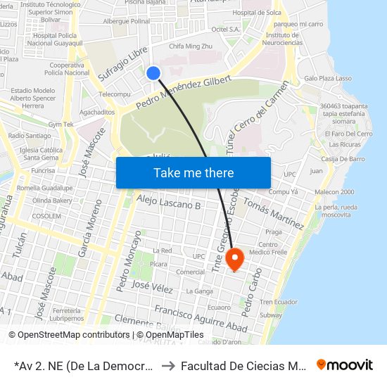 *Av 2. NE (De La Democracia)  Y Callejon 10 NE to Facultad De Ciecias Matemáticas Y Físicas map