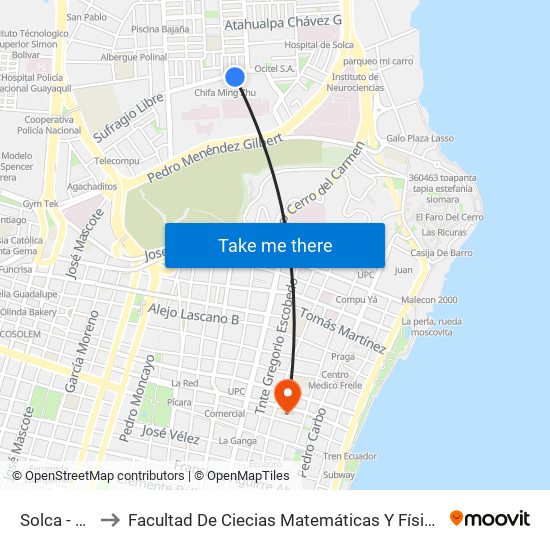 Solca - 15 to Facultad De Ciecias Matemáticas Y Físicas map