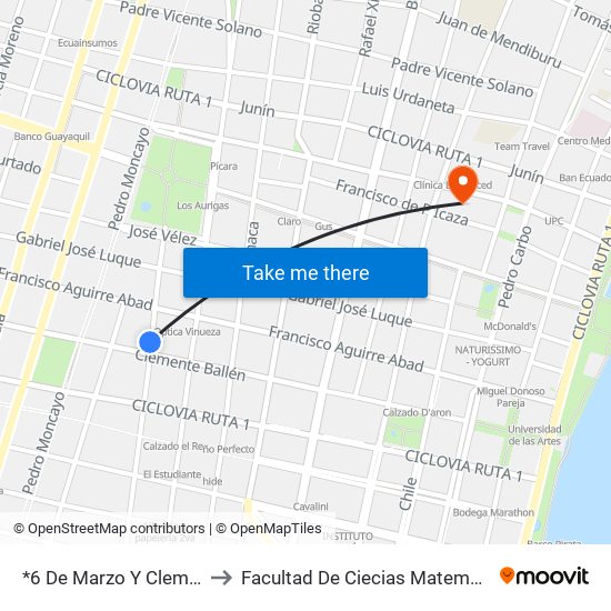 *6 De Marzo Y Clemente Ballén to Facultad De Ciecias Matemáticas Y Físicas map