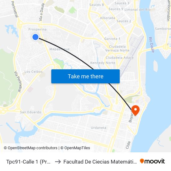 Tpc91-Calle 1 (Prosperina) to Facultad De Ciecias Matemáticas Y Físicas map