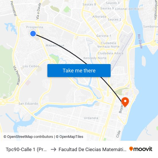 Tpc90-Calle 1 (Prosperina) to Facultad De Ciecias Matemáticas Y Físicas map