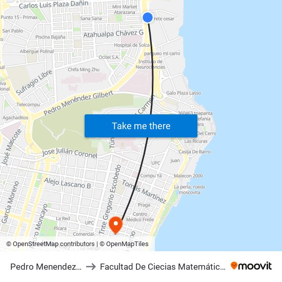 Pedro Menendez Gilbert to Facultad De Ciecias Matemáticas Y Físicas map