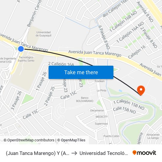 (Juan Tanca Marengo) Y (Av. Las Aguas) to Universidad Tecnológica Ecotec map