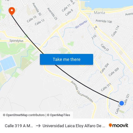 Calle 319 A Manta to Universidad Laica Eloy Alfaro De Manabí map