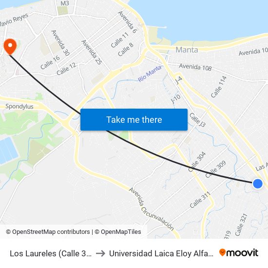 Los Laureles (Calle 320) Manta to Universidad Laica Eloy Alfaro De Manabí map