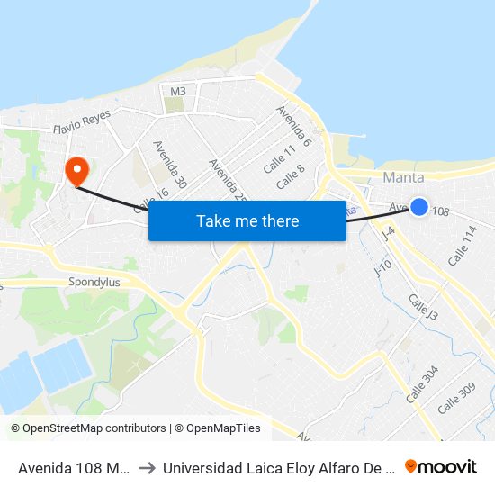 Avenida 108 Manta to Universidad Laica Eloy Alfaro De Manabí map
