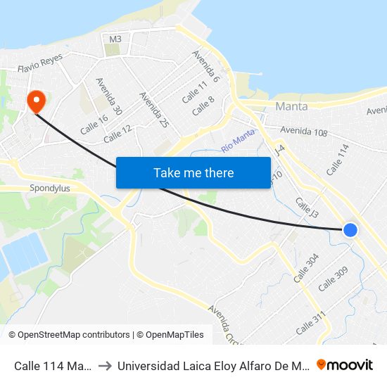 Calle 114 Manta to Universidad Laica Eloy Alfaro De Manabí map