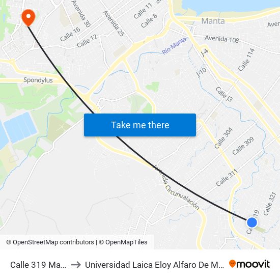 Calle 319 Manta to Universidad Laica Eloy Alfaro De Manabí map