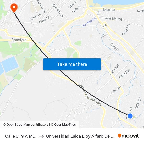 Calle 319 A Manta to Universidad Laica Eloy Alfaro De Manabí map