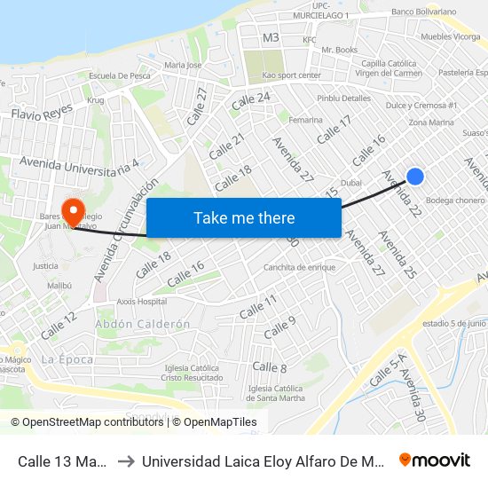 Calle 13 Manta to Universidad Laica Eloy Alfaro De Manabí map