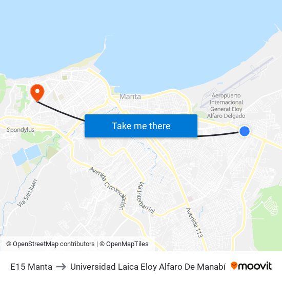 E15 Manta to Universidad Laica Eloy Alfaro De Manabí map