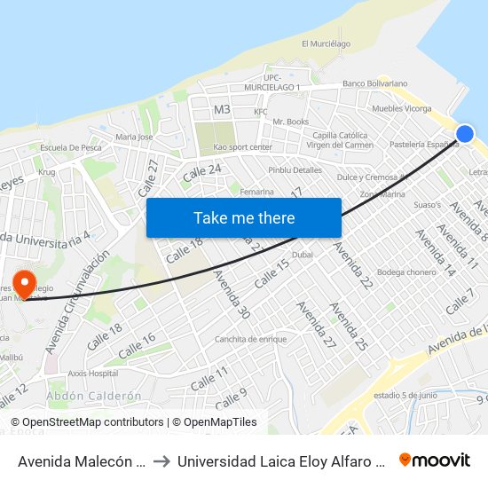 Avenida Malecón Manta to Universidad Laica Eloy Alfaro De Manabí map