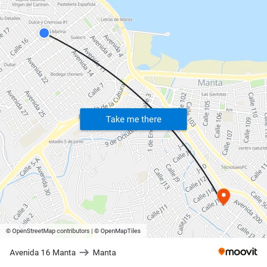 Avenida 16 Manta to Manta map