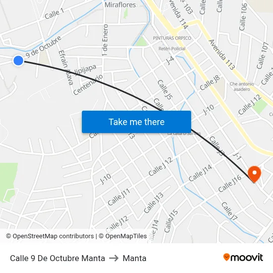 Calle 9 De Octubre Manta to Manta map