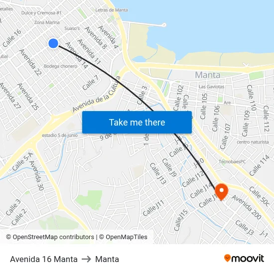 Avenida 16 Manta to Manta map