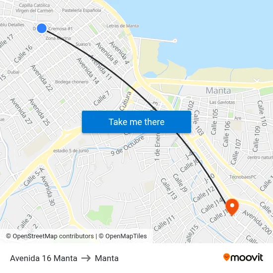 Avenida 16 Manta to Manta map