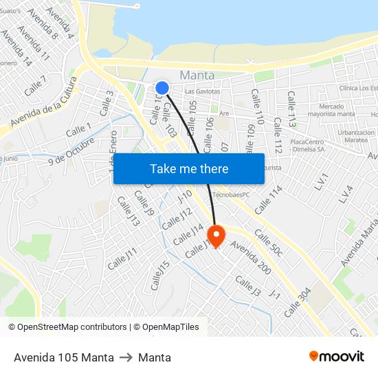 Avenida 105 Manta to Manta map