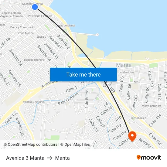 Avenida 3 Manta to Manta map