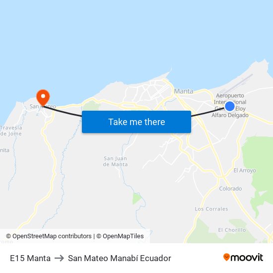 E15 Manta to San Mateo Manabí Ecuador map