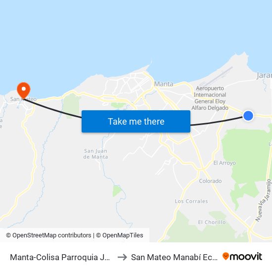 Manta-Colisa Parroquia Jaramijó to San Mateo Manabí Ecuador map