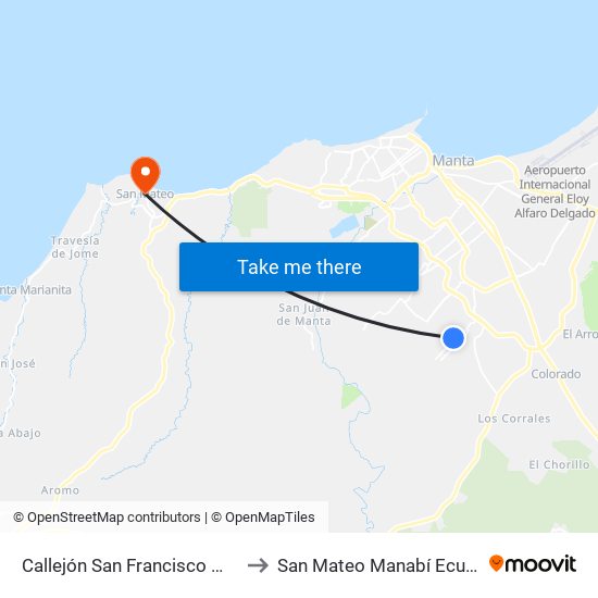 Callejón San Francisco Manta to San Mateo Manabí Ecuador map